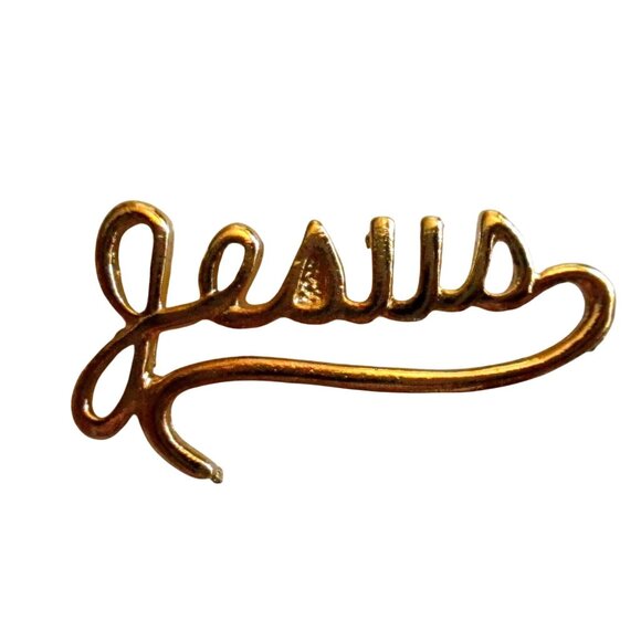 Vtg 70s pin pinback NOS NWOT TINY Goldtone 1" CHRISTIAN JESUS SCRIPT True - Picture 2 of 5